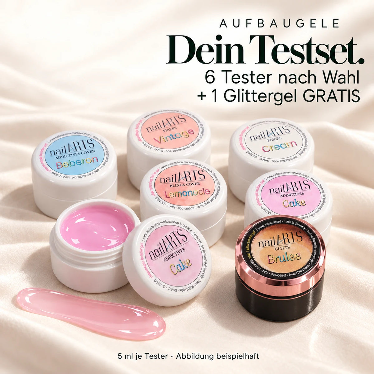 Test Set nach Wahl - 6x Aufbaugele + 1x Glittergel Gratis! – Produktauswahl beispielhaft