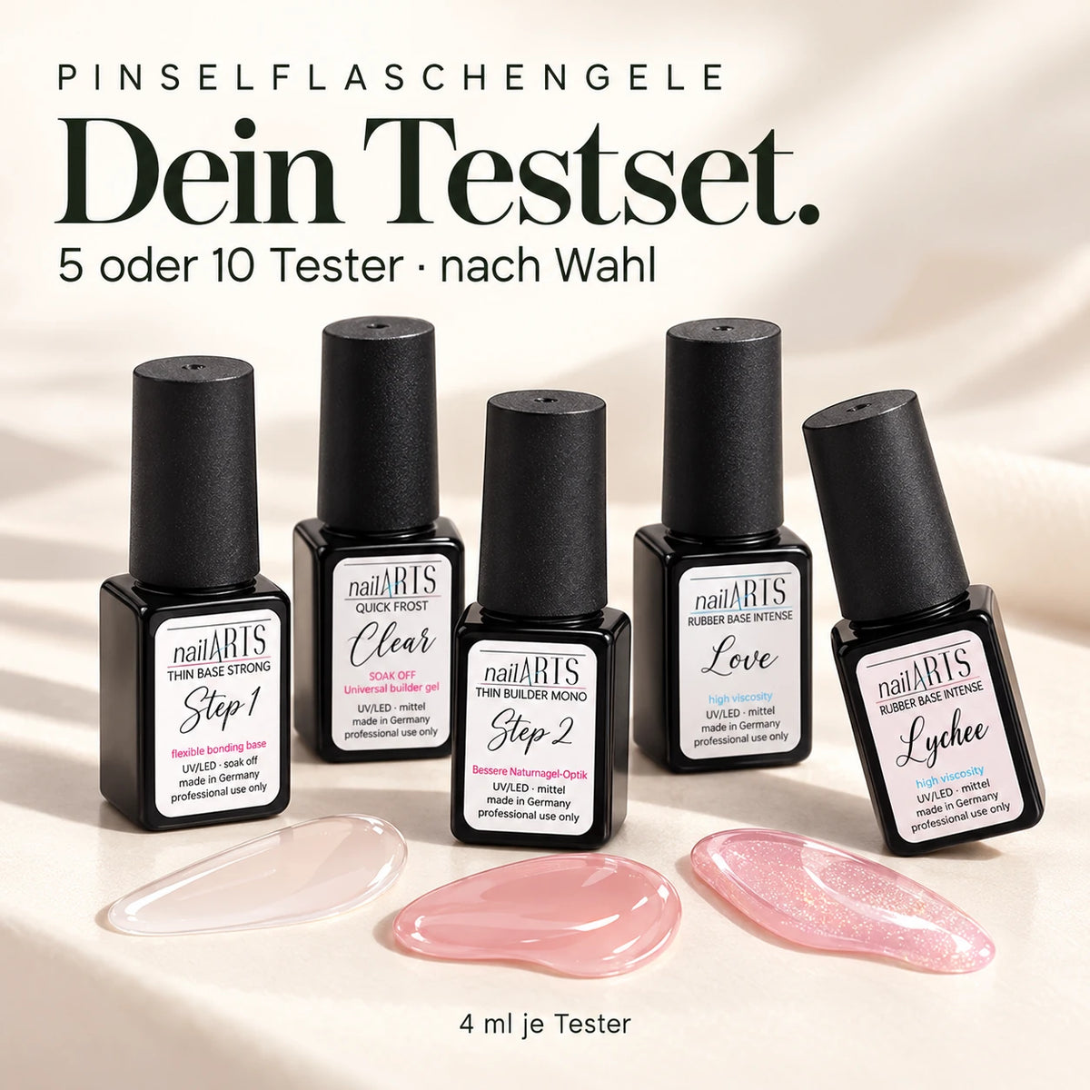 Pinselflaschengele Testset nach Wahl – 5 oder 10 Tester à 4 ml