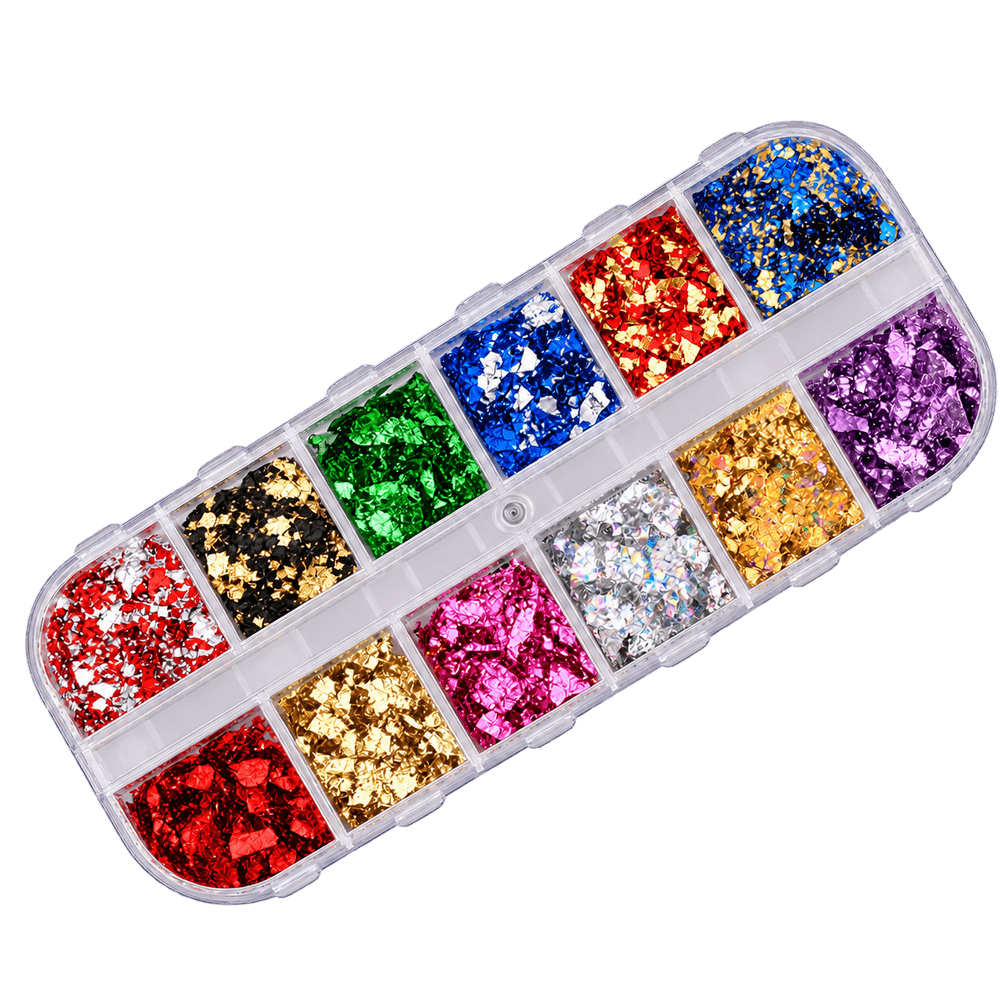 Thin nailART Foil Mix Box – zwölf Folienfarben, diagonal freigestellt