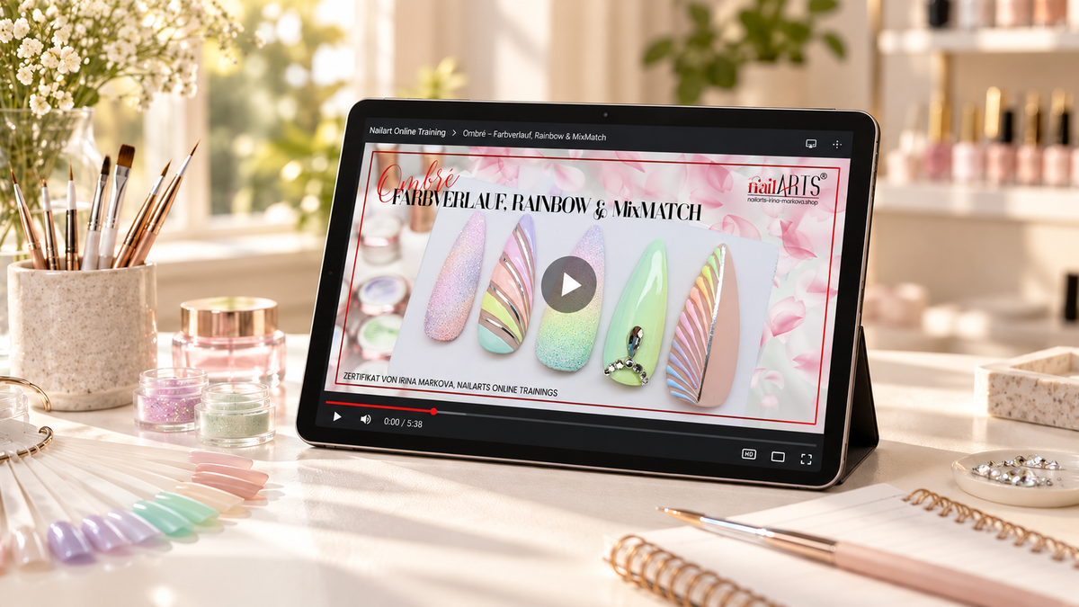 Tablet mit einer nailARTS Online-Schulung am Nageltisch